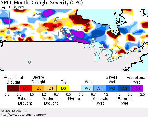 Canada SPI 1-Month Drought Severity (CPC) Thematic Map For 4/1/2022 - 4/30/2022