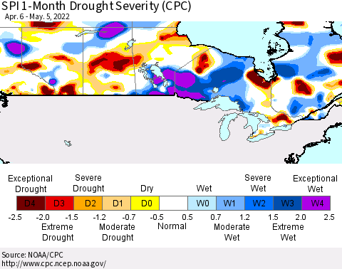 Canada SPI 1-Month Drought Severity (CPC) Thematic Map For 4/6/2022 - 5/5/2022