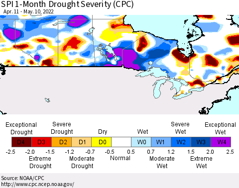 Canada SPI 1-Month Drought Severity (CPC) Thematic Map For 4/11/2022 - 5/10/2022
