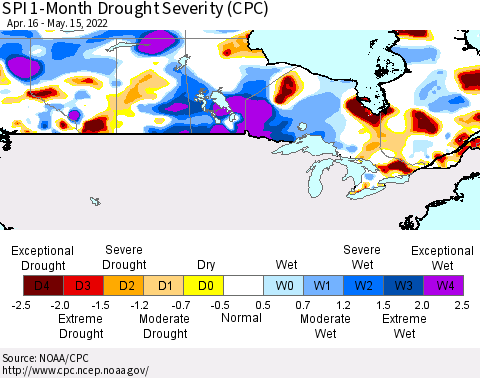 Canada SPI 1-Month Drought Severity (CPC) Thematic Map For 4/16/2022 - 5/15/2022