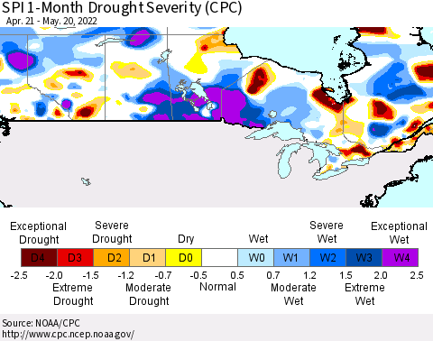 Canada SPI 1-Month Drought Severity (CPC) Thematic Map For 4/21/2022 - 5/20/2022
