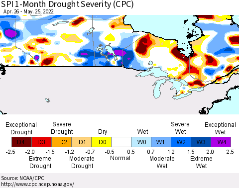 Canada SPI 1-Month Drought Severity (CPC) Thematic Map For 4/26/2022 - 5/25/2022