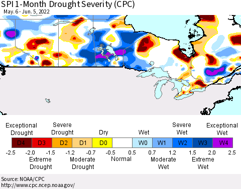 Canada SPI 1-Month Drought Severity (CPC) Thematic Map For 5/6/2022 - 6/5/2022