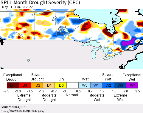 Canada SPI 1-Month Drought Severity (CPC) Thematic Map For 5/11/2022 - 6/10/2022