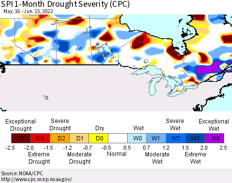 Canada SPI 1-Month Drought Severity (CPC) Thematic Map For 5/16/2022 - 6/15/2022