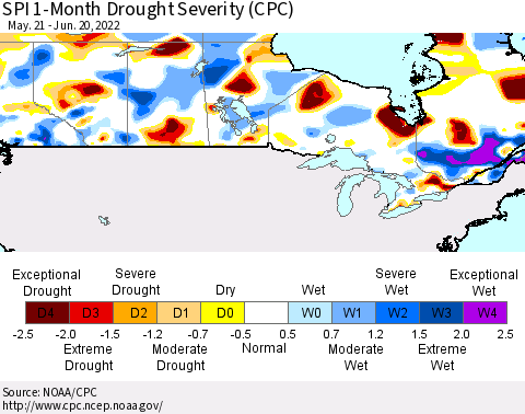 Canada SPI 1-Month Drought Severity (CPC) Thematic Map For 5/21/2022 - 6/20/2022