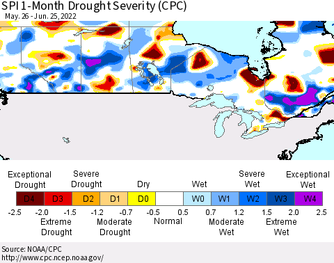 Canada SPI 1-Month Drought Severity (CPC) Thematic Map For 5/26/2022 - 6/25/2022