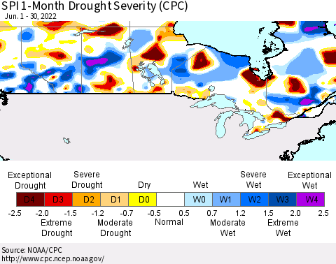 Canada SPI 1-Month Drought Severity (CPC) Thematic Map For 6/1/2022 - 6/30/2022