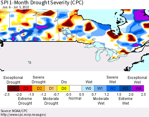 Canada SPI 1-Month Drought Severity (CPC) Thematic Map For 6/6/2022 - 7/5/2022