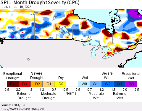 Canada SPI 1-Month Drought Severity (CPC) Thematic Map For 6/11/2022 - 7/10/2022