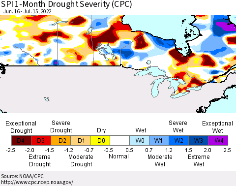 Canada SPI 1-Month Drought Severity (CPC) Thematic Map For 6/16/2022 - 7/15/2022