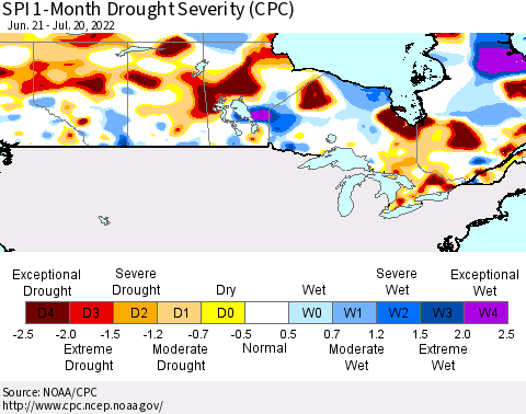 Canada SPI 1-Month Drought Severity (CPC) Thematic Map For 6/21/2022 - 7/20/2022