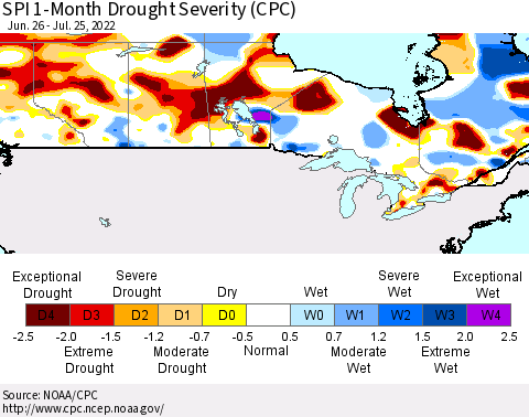 Canada SPI 1-Month Drought Severity (CPC) Thematic Map For 6/26/2022 - 7/25/2022