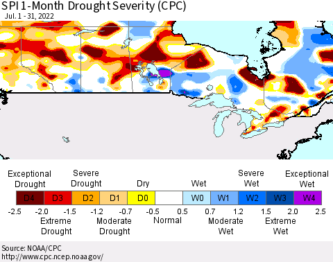 Canada SPI 1-Month Drought Severity (CPC) Thematic Map For 7/1/2022 - 7/31/2022
