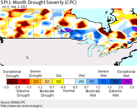 Canada SPI 1-Month Drought Severity (CPC) Thematic Map For 7/6/2022 - 8/5/2022