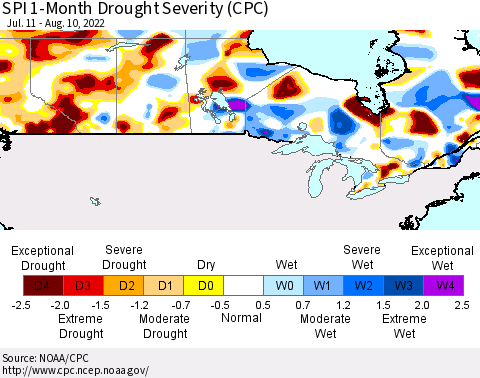 Canada SPI 1-Month Drought Severity (CPC) Thematic Map For 7/11/2022 - 8/10/2022