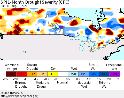 Canada SPI 1-Month Drought Severity (CPC) Thematic Map For 7/16/2022 - 8/15/2022