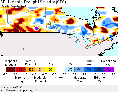 Canada SPI 1-Month Drought Severity (CPC) Thematic Map For 7/21/2022 - 8/20/2022