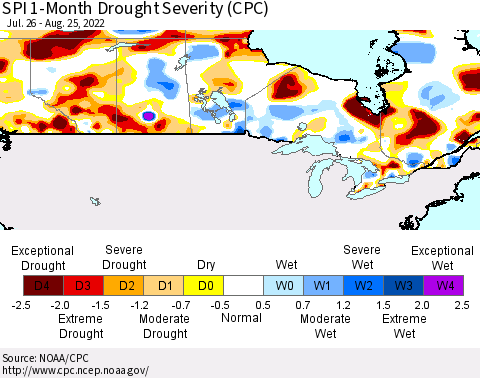 Canada SPI 1-Month Drought Severity (CPC) Thematic Map For 7/26/2022 - 8/25/2022