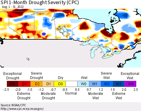 Canada SPI 1-Month Drought Severity (CPC) Thematic Map For 8/1/2022 - 8/31/2022