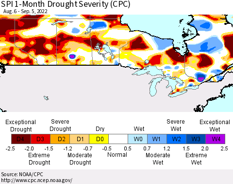 Canada SPI 1-Month Drought Severity (CPC) Thematic Map For 8/6/2022 - 9/5/2022