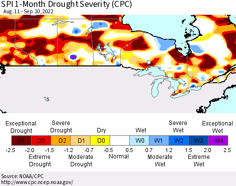 Canada SPI 1-Month Drought Severity (CPC) Thematic Map For 8/11/2022 - 9/10/2022