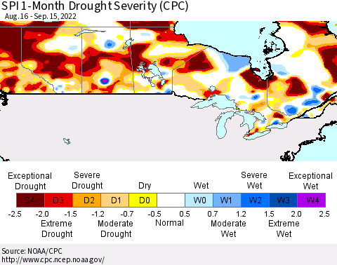 Canada SPI 1-Month Drought Severity (CPC) Thematic Map For 8/16/2022 - 9/15/2022