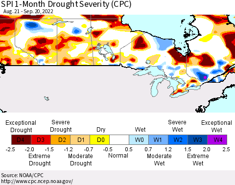 Canada SPI 1-Month Drought Severity (CPC) Thematic Map For 8/21/2022 - 9/20/2022