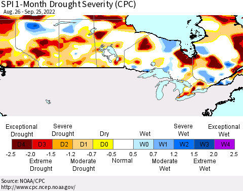 Canada SPI 1-Month Drought Severity (CPC) Thematic Map For 8/26/2022 - 9/25/2022