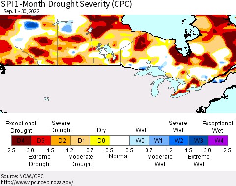 Canada SPI 1-Month Drought Severity (CPC) Thematic Map For 9/1/2022 - 9/30/2022