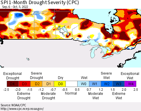 Canada SPI 1-Month Drought Severity (CPC) Thematic Map For 9/6/2022 - 10/5/2022