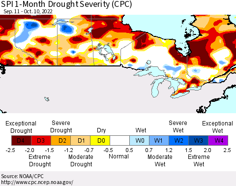 Canada SPI 1-Month Drought Severity (CPC) Thematic Map For 9/11/2022 - 10/10/2022