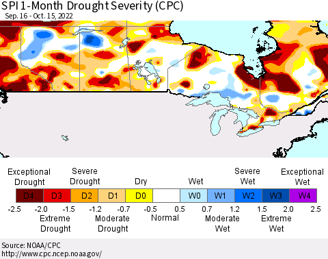 Canada SPI 1-Month Drought Severity (CPC) Thematic Map For 9/16/2022 - 10/15/2022