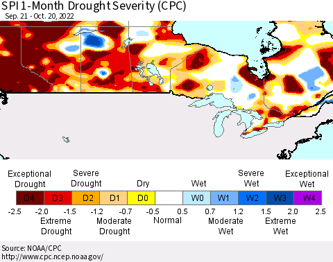 Canada SPI 1-Month Drought Severity (CPC) Thematic Map For 9/21/2022 - 10/20/2022