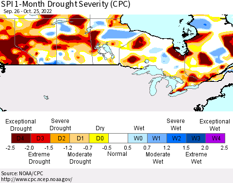Canada SPI 1-Month Drought Severity (CPC) Thematic Map For 9/26/2022 - 10/25/2022