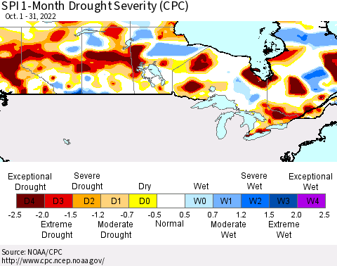 Canada SPI 1-Month Drought Severity (CPC) Thematic Map For 10/1/2022 - 10/31/2022