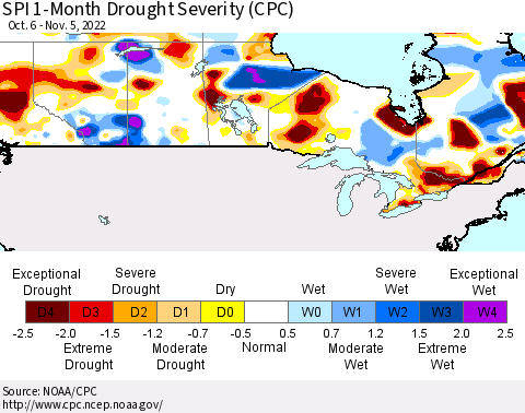 Canada SPI 1-Month Drought Severity (CPC) Thematic Map For 10/6/2022 - 11/5/2022