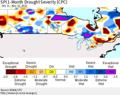 Canada SPI 1-Month Drought Severity (CPC) Thematic Map For 10/11/2022 - 11/10/2022