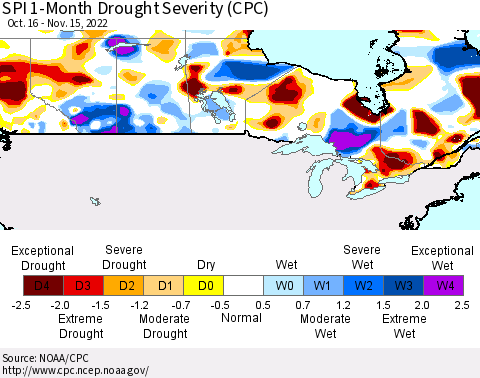 Canada SPI 1-Month Drought Severity (CPC) Thematic Map For 10/16/2022 - 11/15/2022