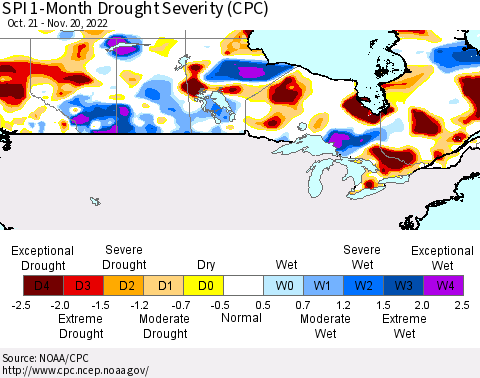 Canada SPI 1-Month Drought Severity (CPC) Thematic Map For 10/21/2022 - 11/20/2022