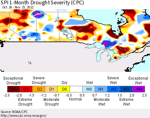 Canada SPI 1-Month Drought Severity (CPC) Thematic Map For 10/26/2022 - 11/25/2022