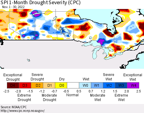 Canada SPI 1-Month Drought Severity (CPC) Thematic Map For 11/1/2022 - 11/30/2022