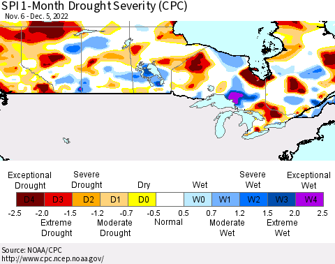 Canada SPI 1-Month Drought Severity (CPC) Thematic Map For 11/6/2022 - 12/5/2022