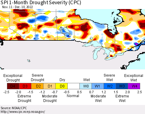 Canada SPI 1-Month Drought Severity (CPC) Thematic Map For 11/11/2022 - 12/10/2022