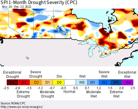 Canada SPI 1-Month Drought Severity (CPC) Thematic Map For 11/16/2022 - 12/15/2022