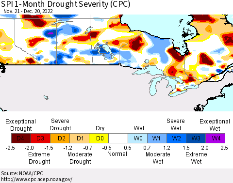 Canada SPI 1-Month Drought Severity (CPC) Thematic Map For 11/21/2022 - 12/20/2022