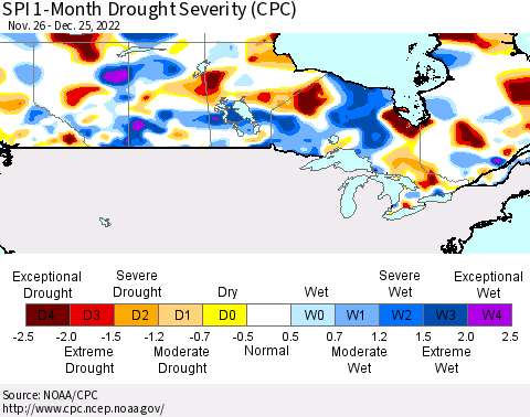 Canada SPI 1-Month Drought Severity (CPC) Thematic Map For 11/26/2022 - 12/25/2022