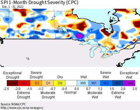 Canada SPI 1-Month Drought Severity (CPC) Thematic Map For 12/1/2022 - 12/31/2022