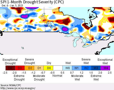 Canada SPI 1-Month Drought Severity (CPC) Thematic Map For 12/6/2022 - 1/5/2023