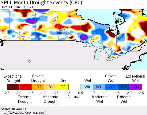 Canada SPI 1-Month Drought Severity (CPC) Thematic Map For 12/11/2022 - 1/10/2023